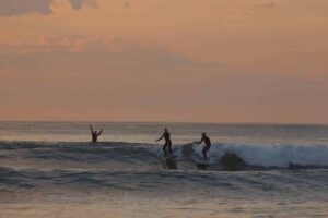 Three surfers riding waves during a vibrant sunset with a golden sky.
